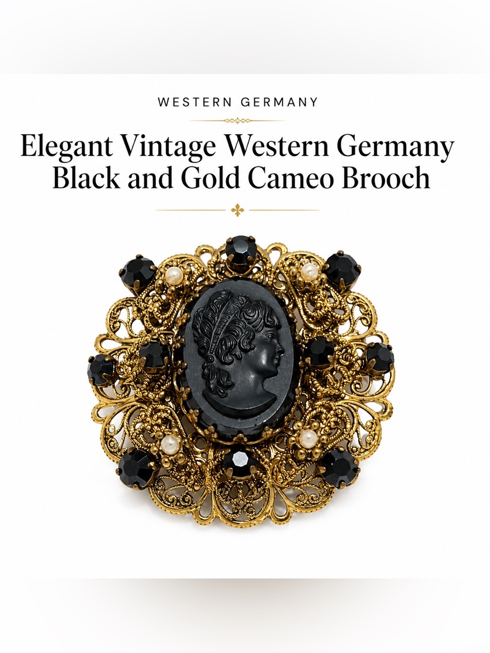 Elegant Vintage Western Germany Black and Gold Cameo Brooch